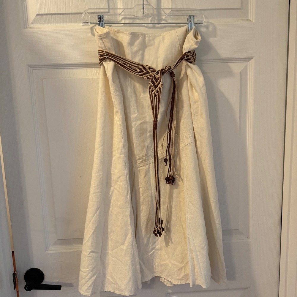 Multiples Midi Skirt Women 14 Ivory Linen Blend Macrame Belt Boho Flared